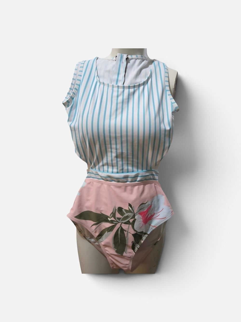 Women Medium OnePiece Swimsuit Blue White Stripe Pink Floral Zip Front High Neck